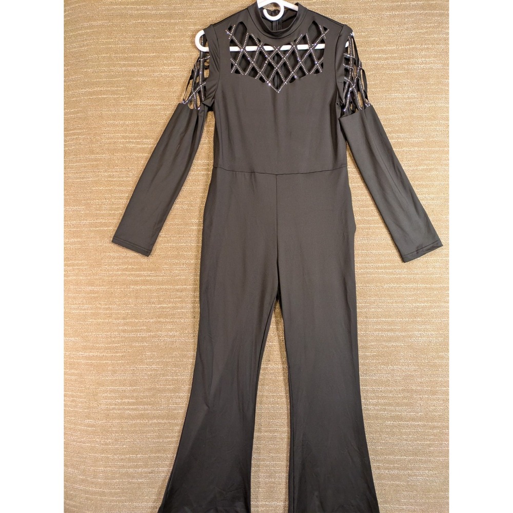 Black Jumpsuit Long Sleeve S/M Rhinestone Stretchy Clubwear Elvira Vibes
